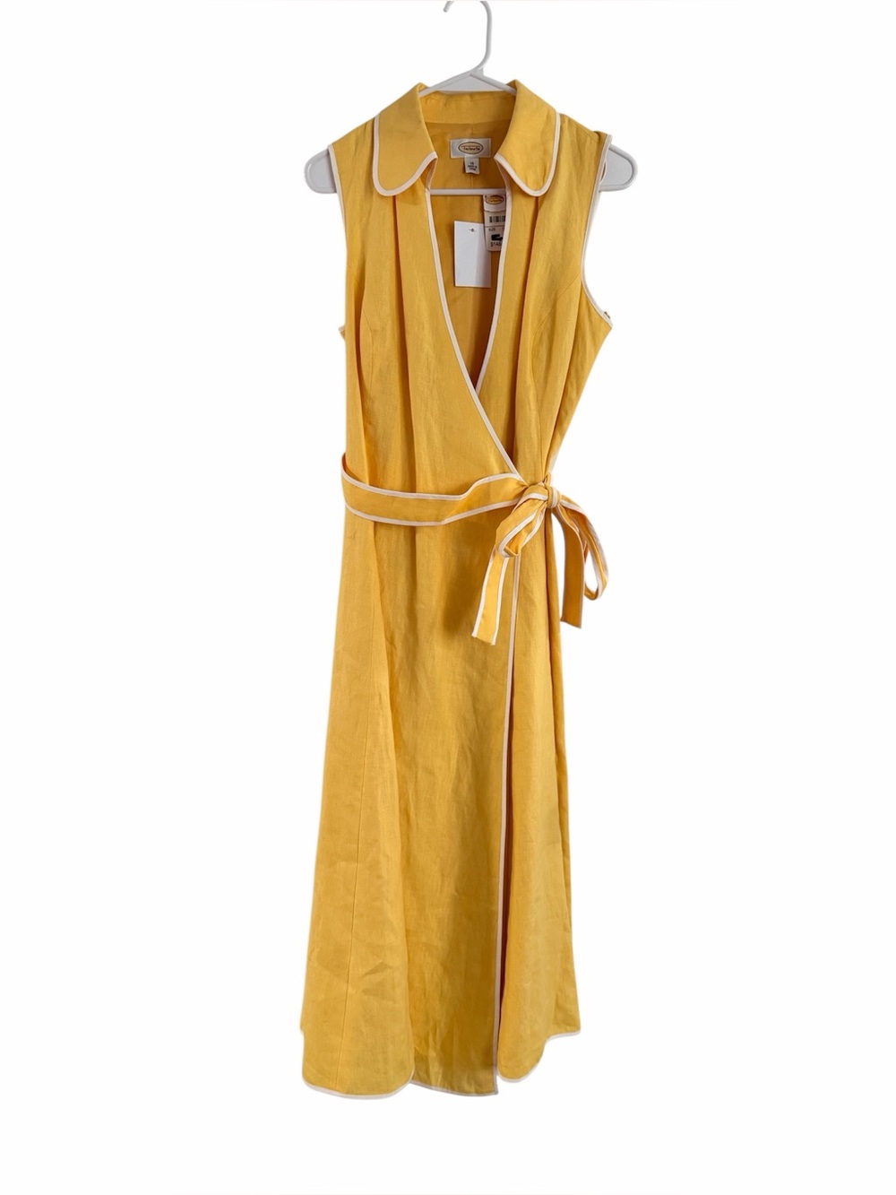 NEW Talbots Womens 10 Yellow Linen Wrap Midi Belted Collared Sleeveless Dress